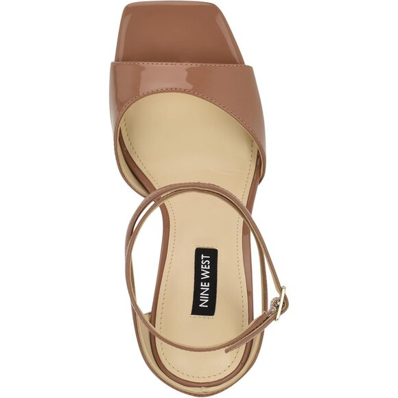 Nine West Women Medium Natural Patent Faux Leather Open Squared Toe Heels Sandal - Picture 4 of 6